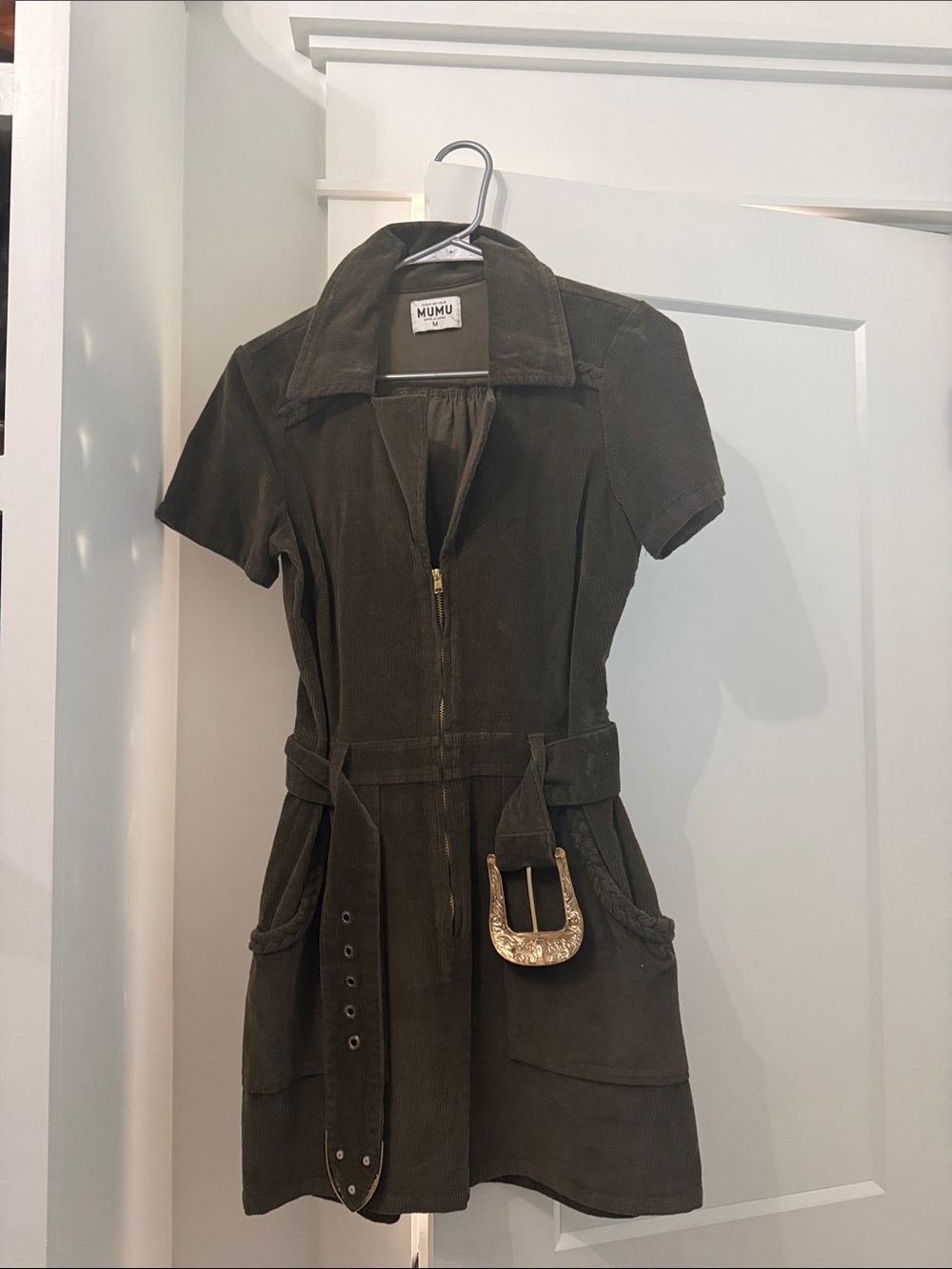 Miu Miu Olive Suede Zip Mini Dress with Statement Buckle